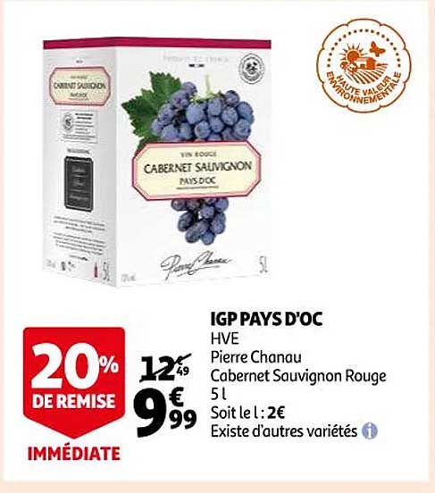 ipg pays d'oc hve pierre chanau cabernet sauvignon rouge 20% de remise immédiate