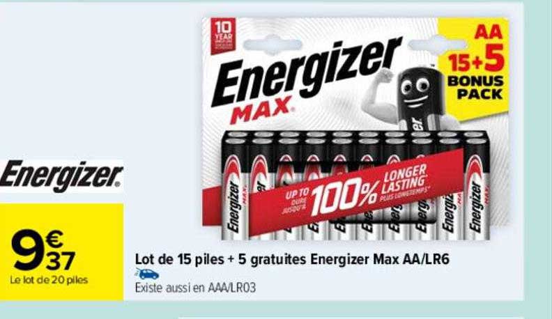 lot de 15 piles + 5 gratuites energizer max aa-lr6