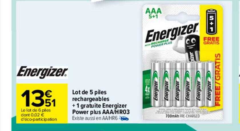 lot de 5 piles rechargeables + 1 gratuite energizer power plus aaa-hr03