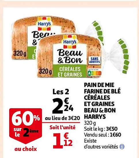 Pain De Mie Farine De Blé Céréales Et Graines Beau & Bon Harrys 60% Sur Le 2ème