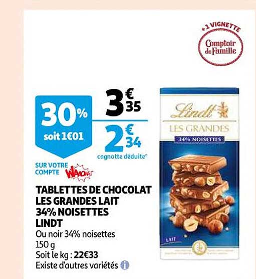 tablettes de chocolat les grandes lait 34% noisettes lindt