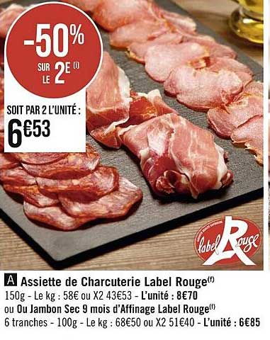 assiette de charcuterie label rouge ou jambon sec 9 mois d'affinage label rouge