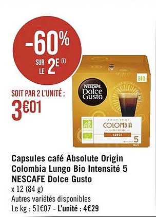 capsules café absolute origin colombia lungo bio intensité 5 nescafé dolce gusto