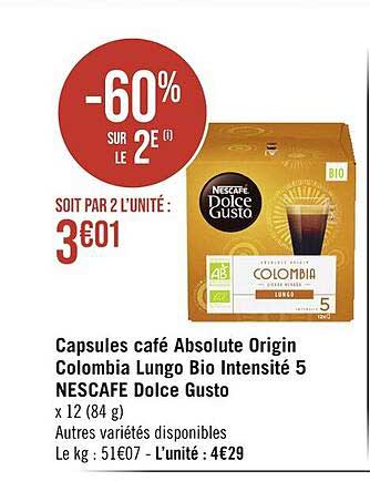 capsules café absolute origin colombia lungo bio intensité 5 nescsafé dolce gusto