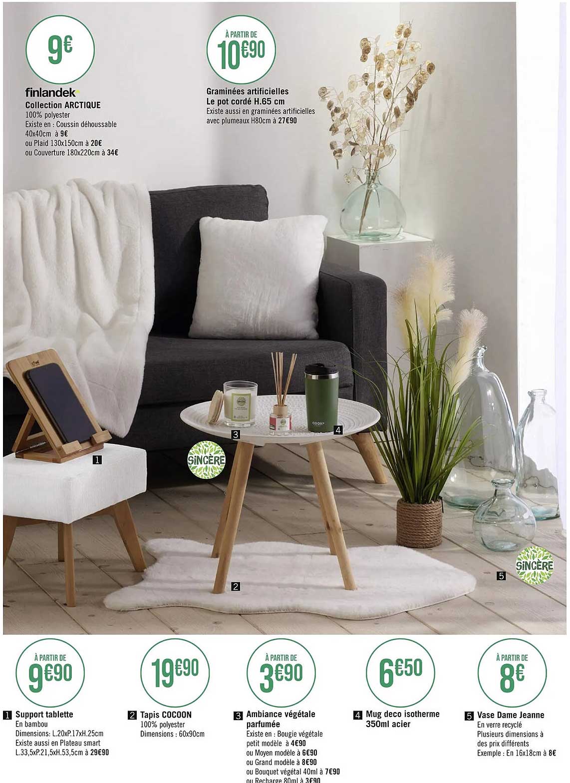 collection arctique finlandek, graminées artificielles le pot cordé h. 65 cm, support tablette, tapis cocoon, ambiance végétale parfumée, mug déco isotherme 350ml acier, vase dame jeanne