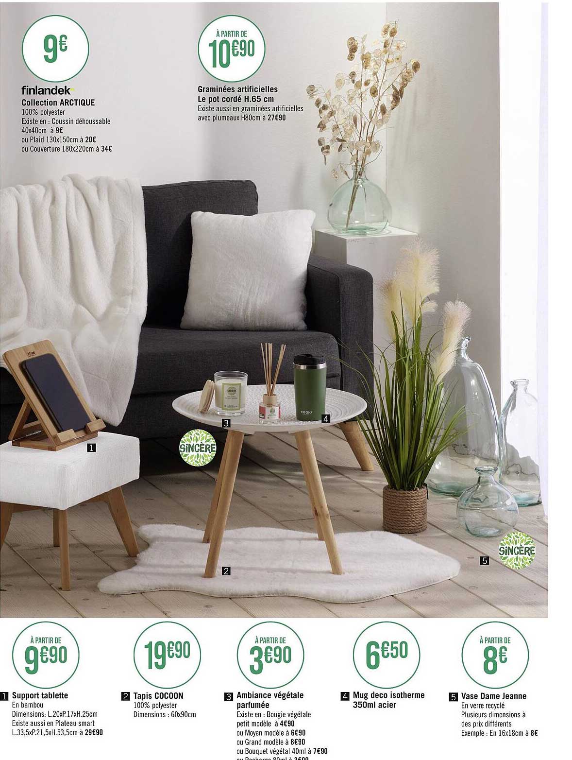 collection arctique finlandek^, graminées artificielles le pot cordé h. 65 cm, support tablette, tapis cocoon, ambiance végétale parfumée, mug déco isotherme 350ml acier, vase dame jeanne