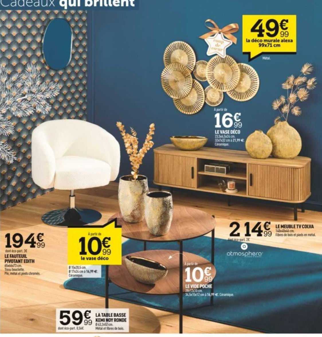la déco murale alexa 99 x 71 cm, le vase déco, le fauteuil pivotant edith, le vase déco, le meuble tv colva, la table basse kemi noy ronde, le vide poche