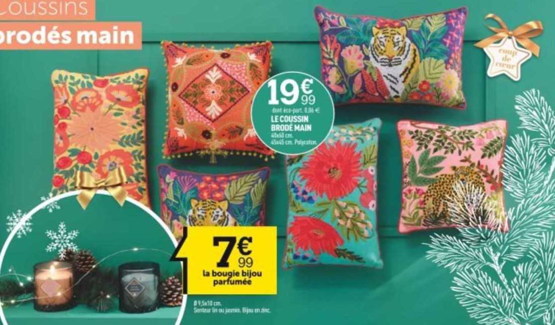 le coussin brodé main, la bougie bijou parfumée