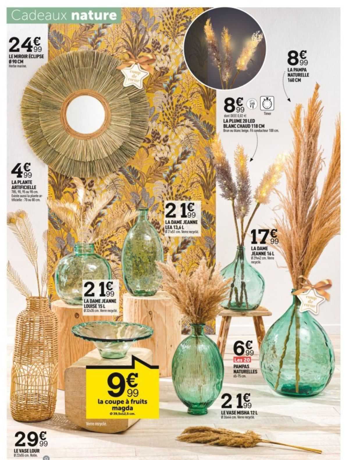 le miroir éclipse ø 90 cm, la plante artificielle, la plume 20 led blanc chaud 118 cm, la pampa naturelle 160 cm, la dame jeanne lea 13,6 l, la dame jeanne 16 l, la dame jeanne louise 15 l