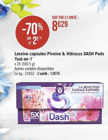 lessive capsules pivoine & hibiscus dash pods tout-en-1