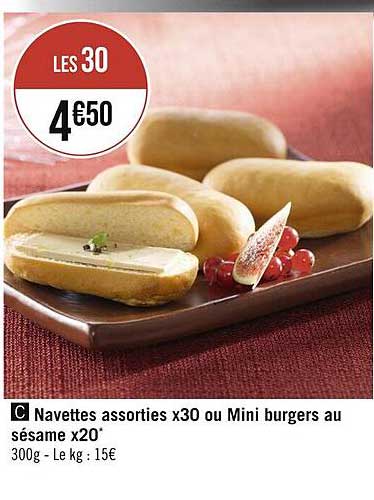navettes assorties x30 ou mini burgers au sésame x20