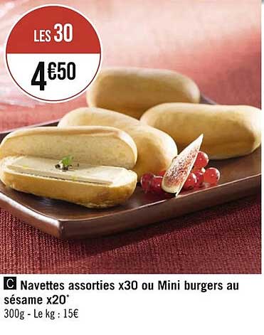 navettes assorties x30 ou mini burgers au sésame x20
