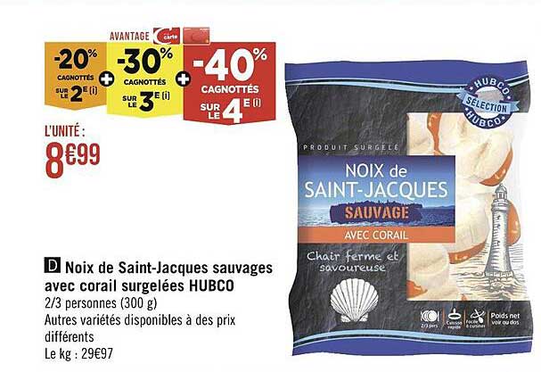 noix de saint-jacques sauvages avec corail surgelées hubco