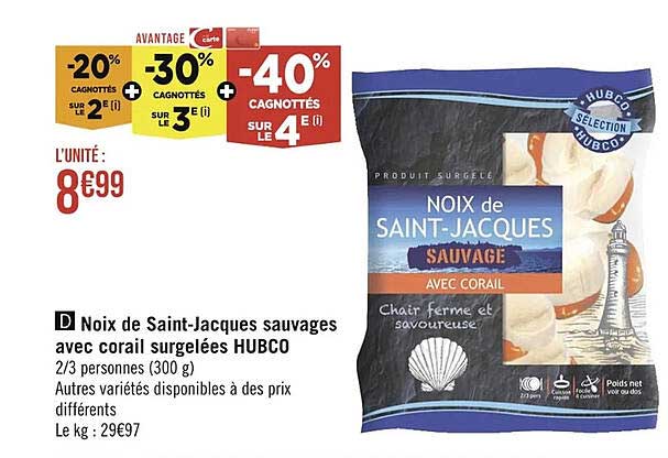 noix de saint-jacques sauvages avec corail surgelées hubco