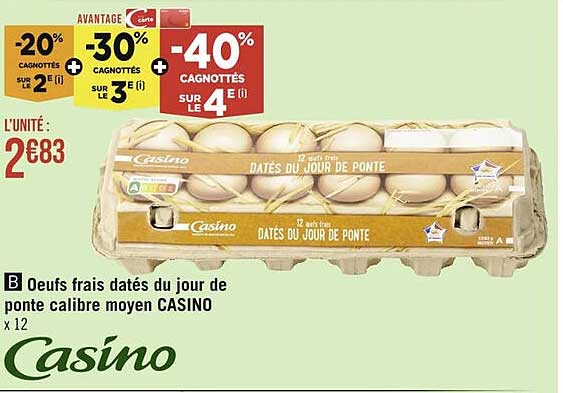 œufs frais datés du jour de ponte calibre moyen casino