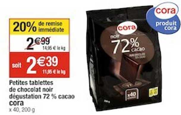 petites tablettes de chocolat noir dégustation 72% cacao cora