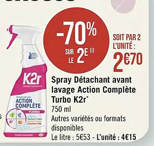 spray détachant avant lavage action complète turbo k2r