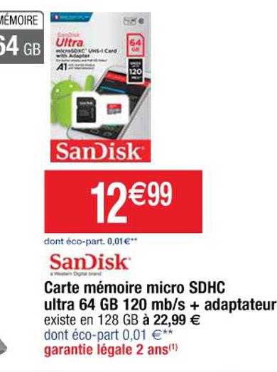 carte mémoire micro sdhc ultra 64 gb 120 mb-s + adaptateur sanDisk