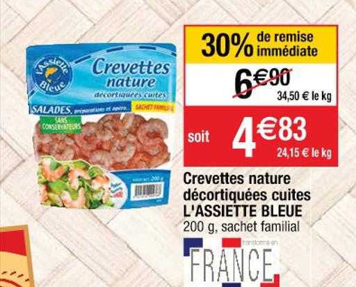 crevettes nature décortiquées cuites l'assiette bleue