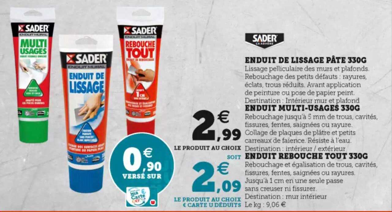 enduit de lissage pâte 330g, enduit multi-usages 330, enduit rebouche tout 330g