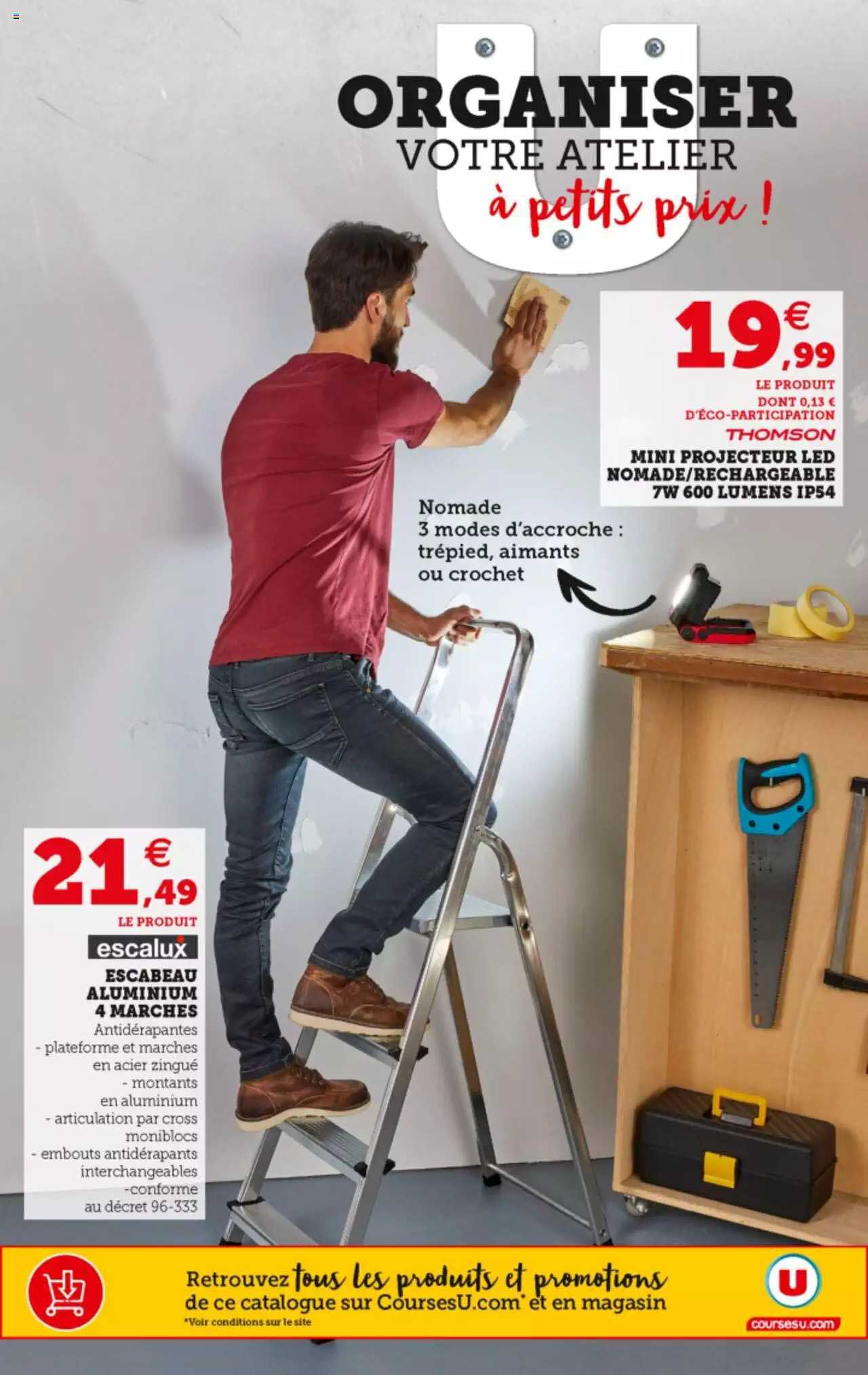 escabeau aluminium 4 marches, mini projecteur led nomade-rechargeable 7w 600 lumens ip54