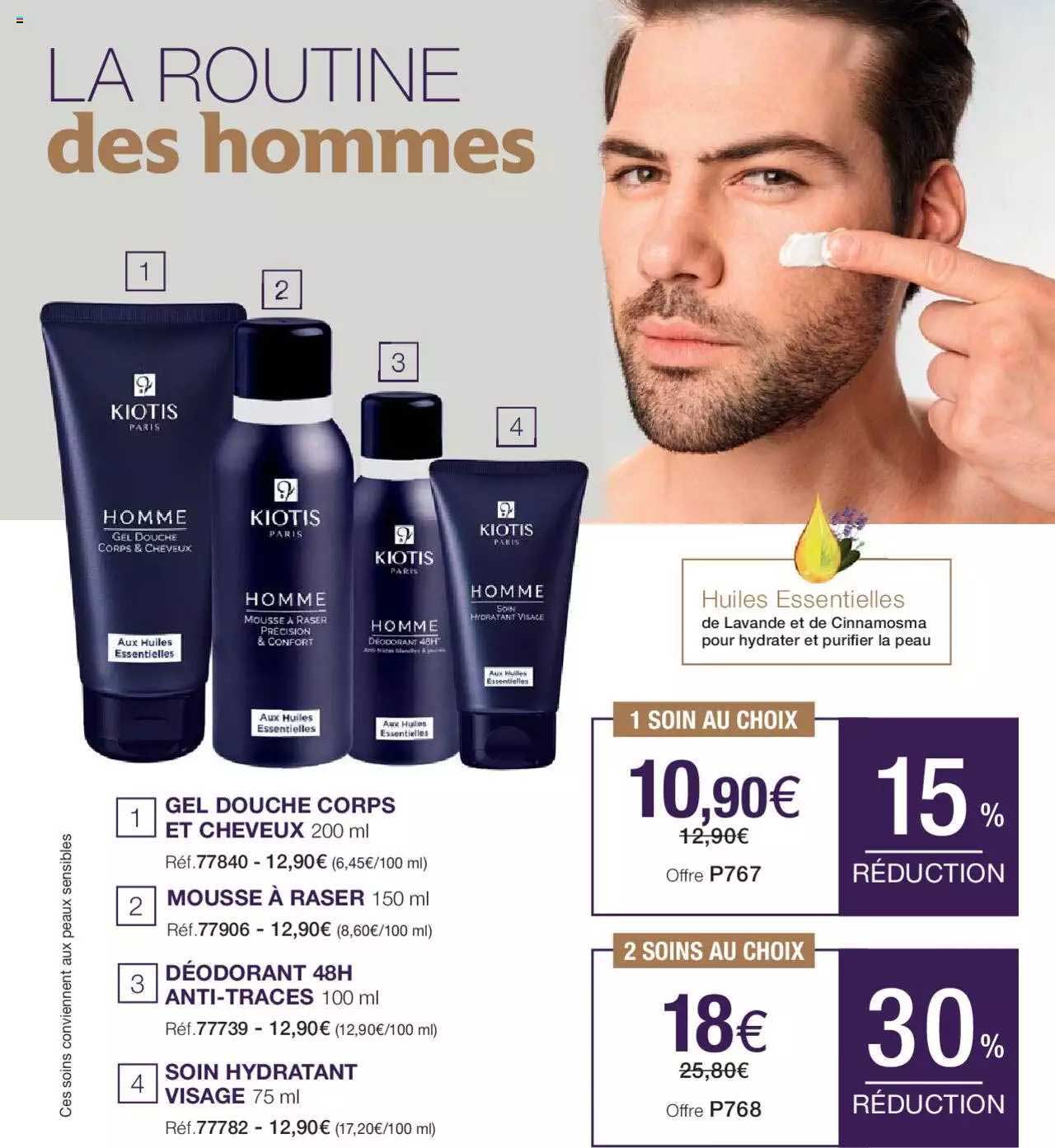 gel douche corps et cheveux, mousse à raser, déodorant à raser, déodorant 48h anti-traces, soins hydratant visage kiotis paris
