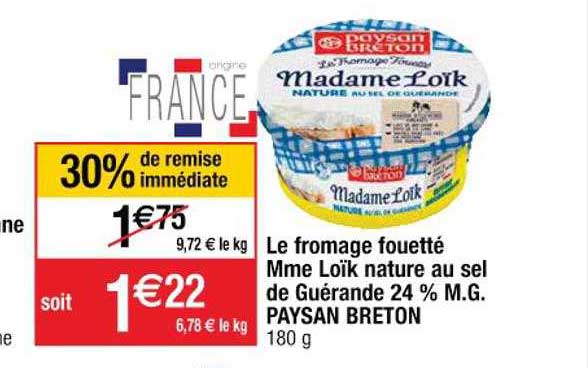 le fromage fouetté mme loïk nature au sel de guérande 24% m.g. paysan breton