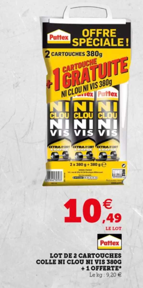 lot de 2 cartouches colle ni clou ni vis 380g + 1 offerte pattex