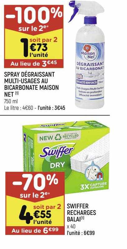 spray dégraissant multi-usages au bicarbonate maison net, swiffer recharges balai