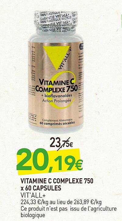 vitamine c complexe 750 x 60 capsules vit'all+