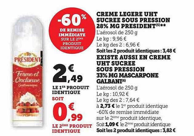 crème légère uht sucrée sous pression 28% mg président, crème uht sucrée sous pression 33% mg mascarpone galbani