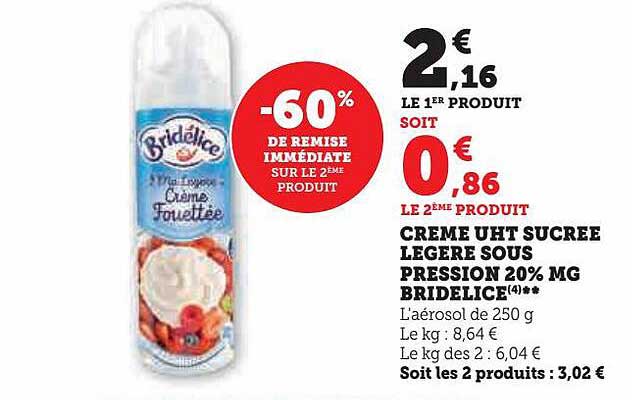 crème uht sucrée légère sous pression 20% mg bridélice