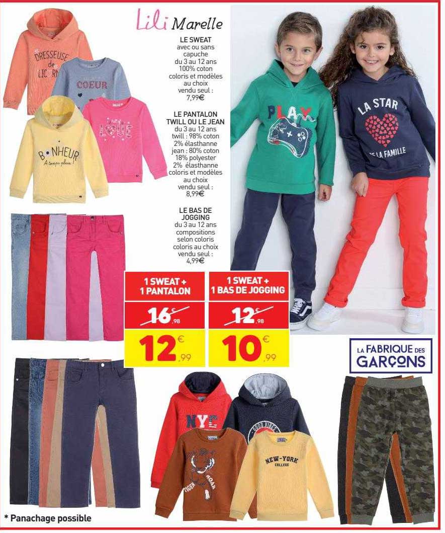 le sweat lili marelle, le pantalon twill ou le jean lili marelle, le bas de jogging lili marelle