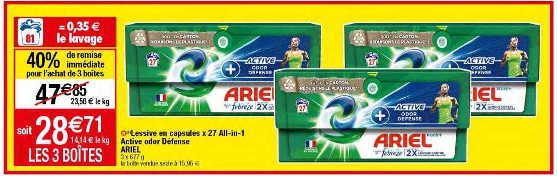 lessive en capsules x27 all-in-1 active odor défense ariel
