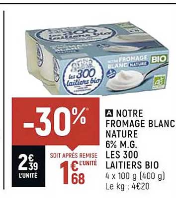 notre fromage blanc nature 6% m.g. les 300 laitiers bio