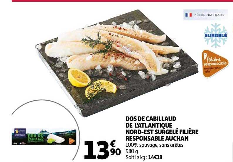 dos de cabillaud de l'atlantique nord-est surgelé filière responsable auchan