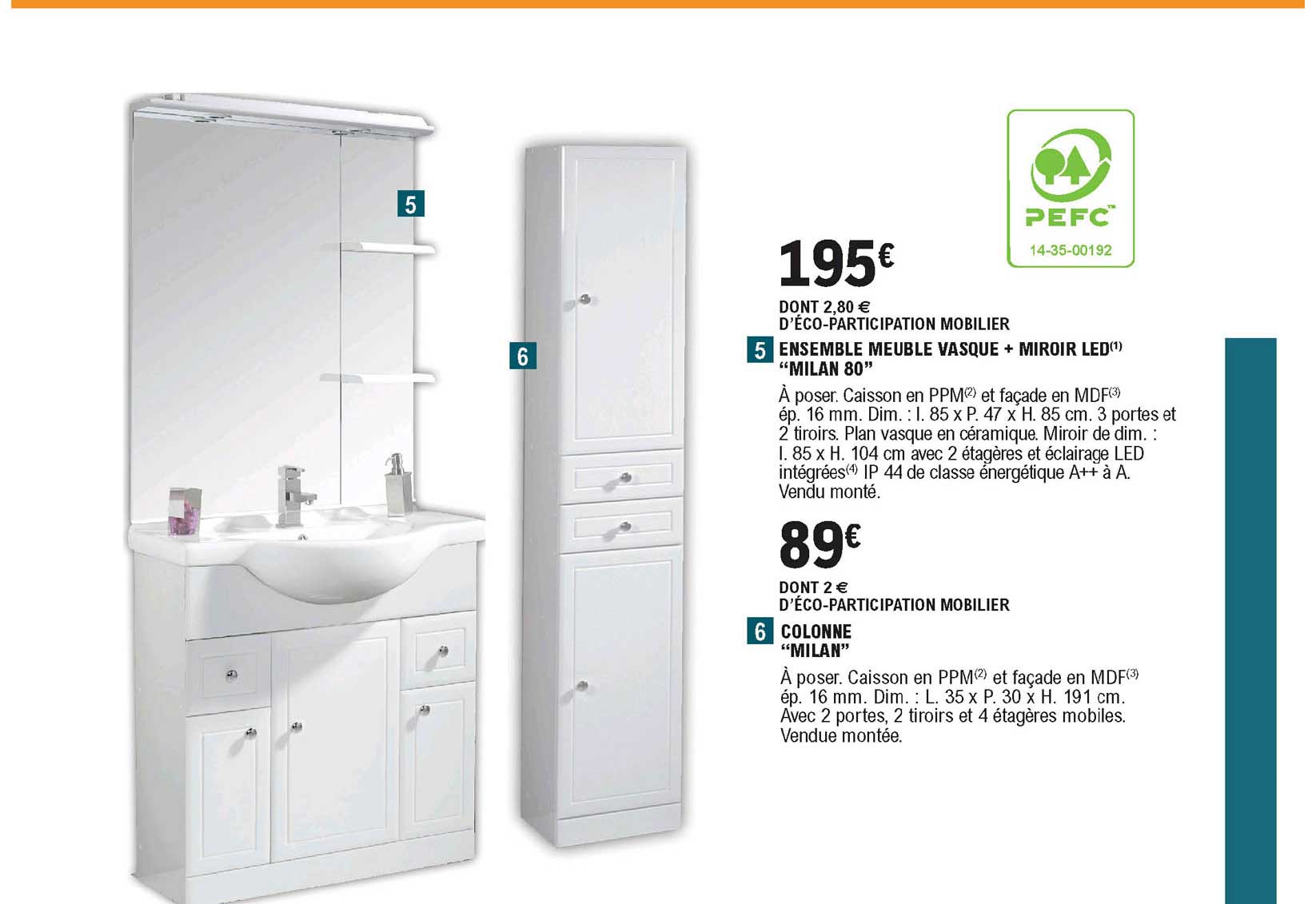 Ensemble Meuble Vasque + Miroir Led "milan 80", Colonne "milan"