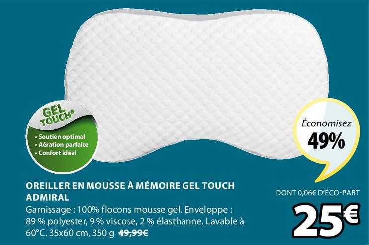 oreiller en mousse à mémoire gel touch admiral