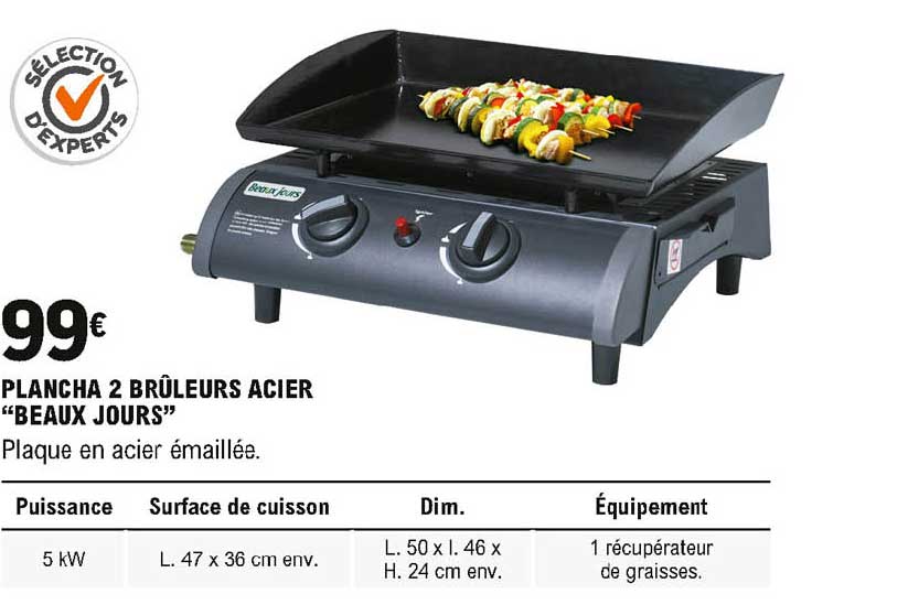 plancha 2 brûleurs acier beaux jours