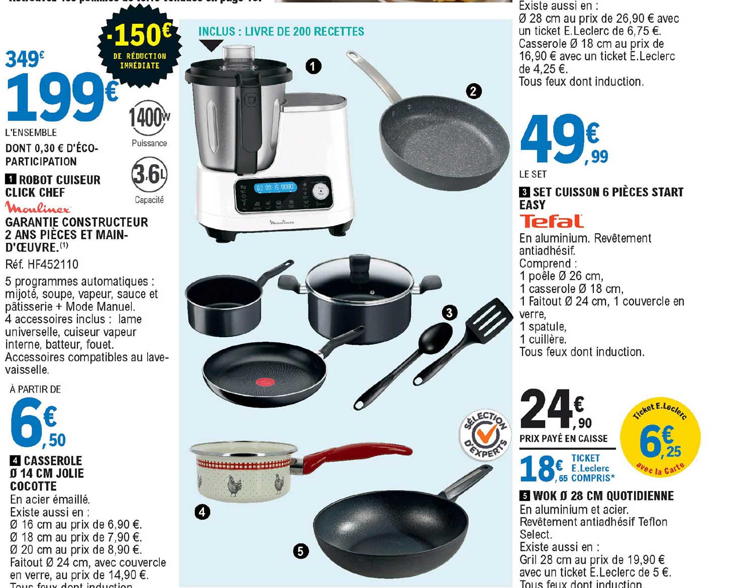 robot cuiseur click chef moulinex, casserole 14 cm jolie cocotte, set cuisson 6 pièces start easy, wok 28 cm quotidienne
