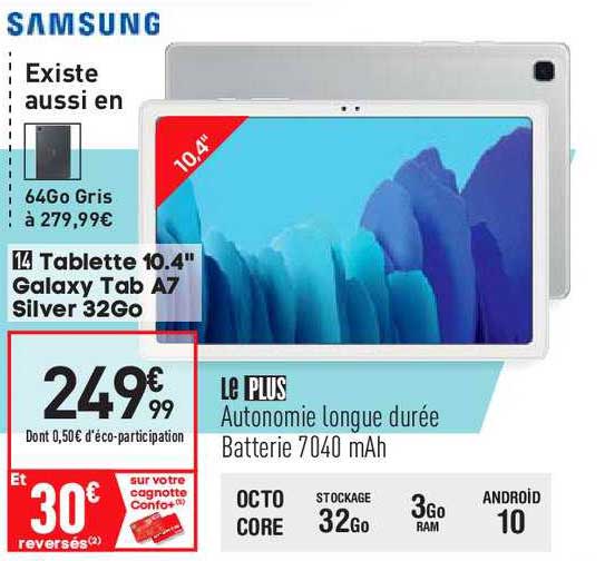 tablette 10.4" galaxy tab a7 silver 32go samsung