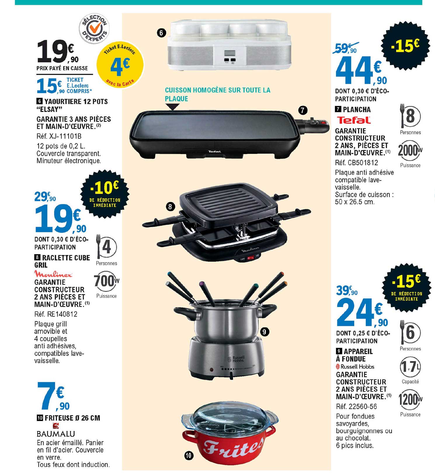 yaourtière 12 pots "elsay", raclette cube gril, friteuse 26 cm baumalu, plancha tefal, appareil à fondue russell hubbs