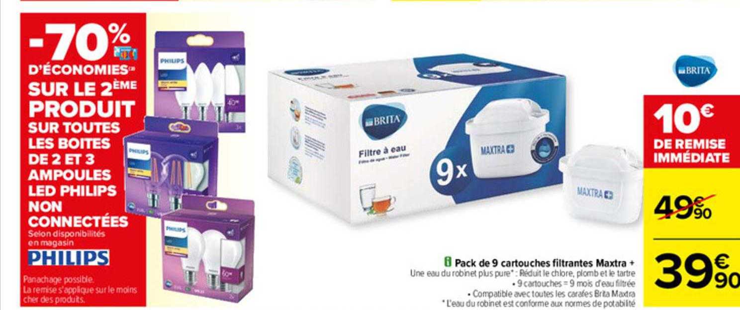 boîtes de 2 et 3 ampoules led philips non connectées, pack de 9 cartouches filtrantes maxtra+