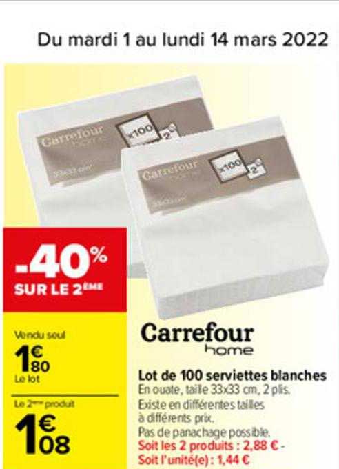 Lot De 100 Serviettes Blanches Carrefour Home