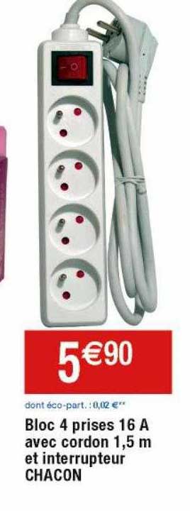 bloc 4 prises 16A avec cordon 1,5m et interrupteur chacon