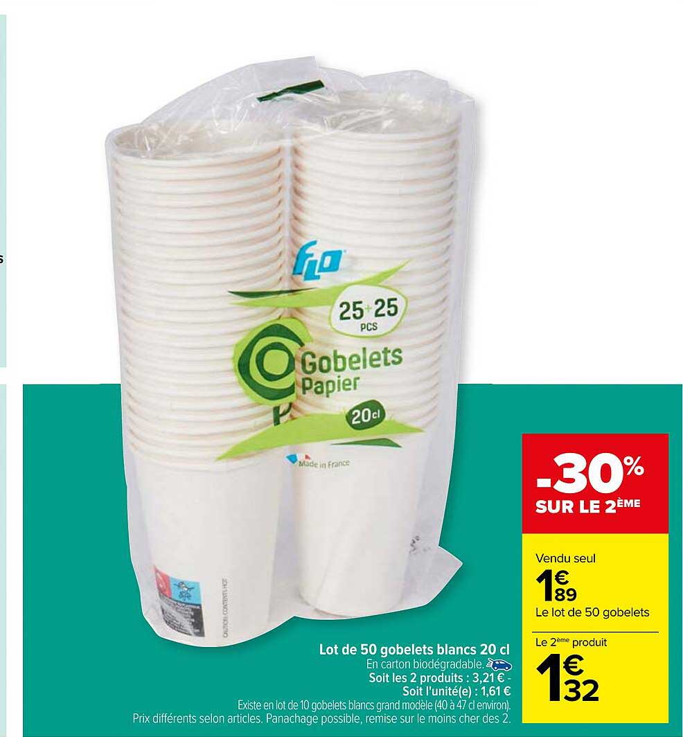 lot de 50 gobelets blancs 20cl flo
