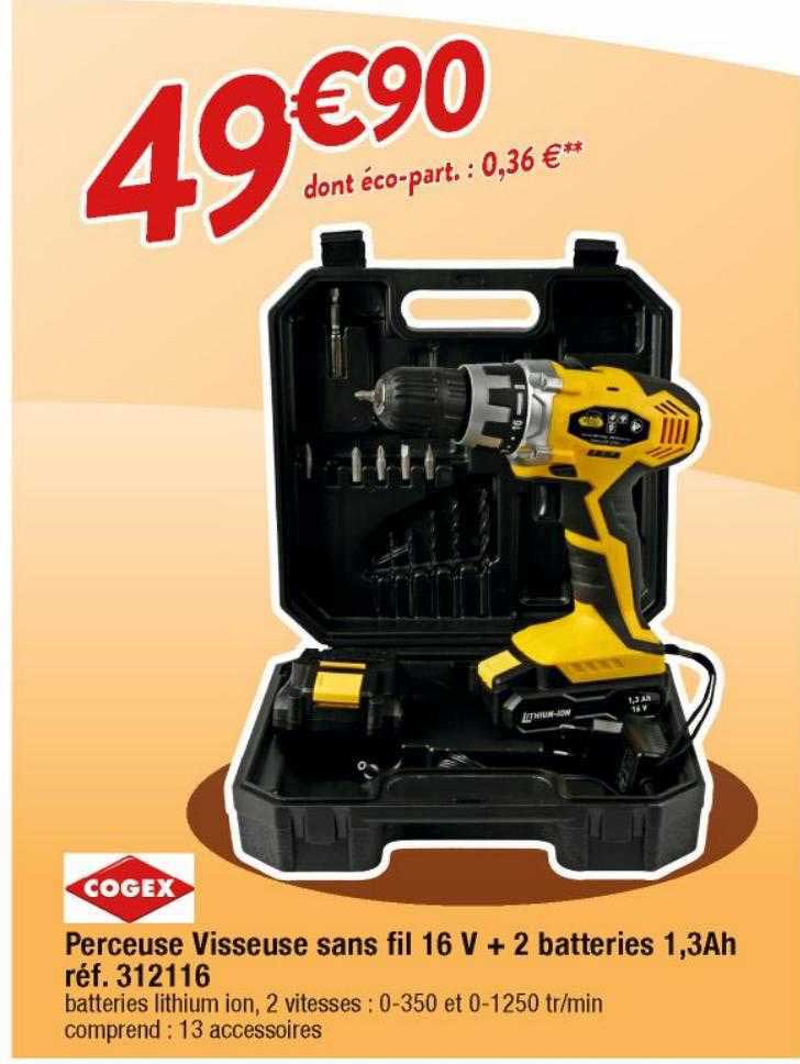perceuse visseuse sans fil 16v + 2 batteries 1,3 Ah cogex