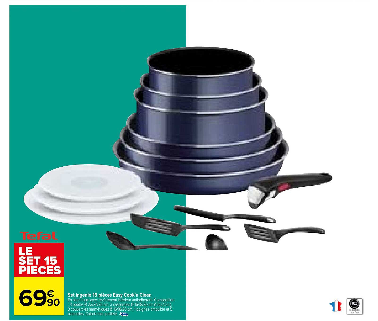 set ingenio 15 pièces easy cook'n clean tefal