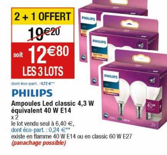 ampoules led classic 4,3w équivalent 40w e14 philips