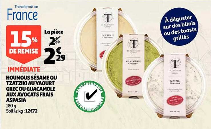 houmous sésame ou tzatziki au yaourt grec ou guacamole aux avocats frais aspasia
